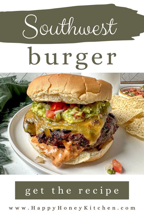 Grilled southwest burgers are perfect for spice lovers who want a unique burger recipe. This taco burger is topped with guacamole, pico de gallo, and a spicy chipotle mayo. Throw a southwest burger on the grill and enjoy. Burger Competition Ideas, Santa Fe Burger, Chipotle Mayo Sauce, Taco Burgers, Unique Burger Recipes, Sausage And Potatoes Skillet, Guacamole Burger, Southwest Burger, Mexican Burger