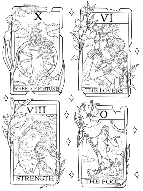 The Lovers Tarot Card Tattoo Stencil, Strength Tarot Card Drawing, Tarot Tattoo Wheel Of Fortune, The Fool Tarot Tattoo Design, Tarot Lockscreen Aesthetic, High Priestess Tattoo Design, Mini Tarot Card Tattoo, Tarot Card The Fool Tattoo, Tarot Colouring Pages