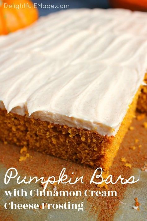 Pumpkin Pie Bars Recipe, Cinnamon Frosting, Pumpkin Sheet Cake, Cinnamon Cream Cheese, Pie Bar Recipes, Pumpkin Cake Recipes, Pumpkin Pie Bars, Pumpkin Bars, Sheet Cake Recipes