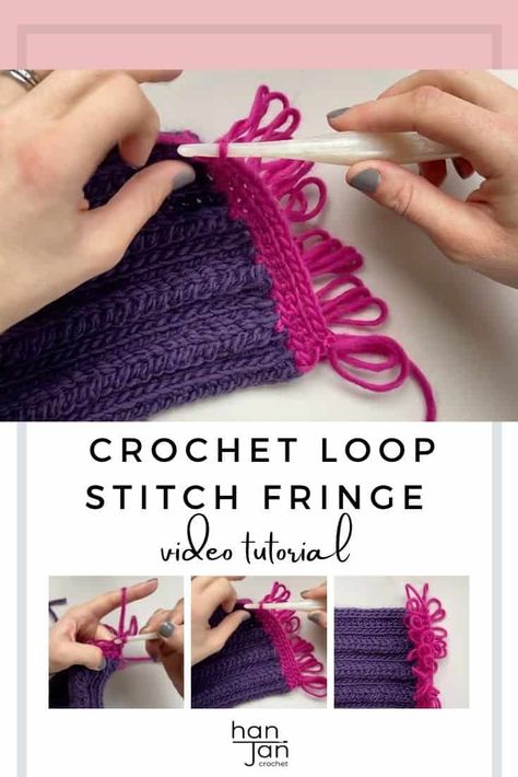 Learn how to work a crochet loop stitch in this easy video tutorial from HanJan Crochet. Including a section on how to create an easy crochet fringe, this technique is great for adding texture and fun to your crochet blankets and garments. #crochetloopstitch #crochetfringe #learntocrochet Crochet Loop Stitch, Crochet Stitches Uk, Crochet Loop, Loop Stitch, Different Crochet Stitches, Aran Weight Yarn, Crochet Fringe, Stitch Tutorial, Beginner Crochet Projects