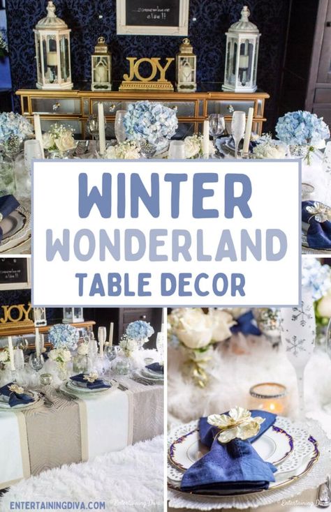 Blue And White Winter Tablescapes, Blue And White Christmas Party Theme, Blue And White Christmas Tablescapes, Winter Table Settings Ideas, Winter Formal Decorations, Winter Baby Shower Centerpieces, Winter Bridal Shower Themes, Winter Wonderland Centerpieces, Winter Table Decorations