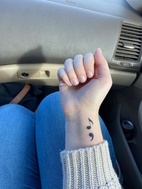 Semi-colon Tattoo With Words, Semi-colon Tattoo Collar Bone, Semi-colon Tattoo Back Of Neck, Semicolons Aesthetic Tattoos, Tattoo Designs Semi Colon, Semi-colon Tattoo For Loved One, Behind The Ear Semi Colon, Anchor Semi Colon Tattoos, Semi Collin Tattoos