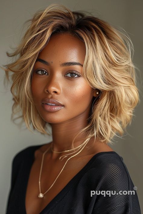 Bob Hairstyles For Black Women: Trendy Cuts for Elegant Looks - Puqqu Blonde Long Bob Black Women, Farrah Fawcett Hair Black Women, Blonde Bob With Layers, Blonde Balayage Black Women, Layered Long Bob Hairstyles, Elegant Bob Hairstyles, Weave Bob Hairstyles, Couture Hairstyles, Pelo Afro