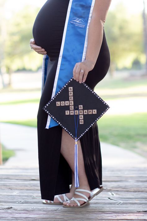 8 months pregnant and graduating with a Bachelors in Speech-Language Pathology! Pregnant In College, Graduation Maternity Pictures, Maternity Graduation Photos, Graduation Pregnancy Announcement, Slp Graduation Pictures, Pregnant Graduation Pictures, Speech Pathology Graduation Cap, Master Graduation, Couple Graduation