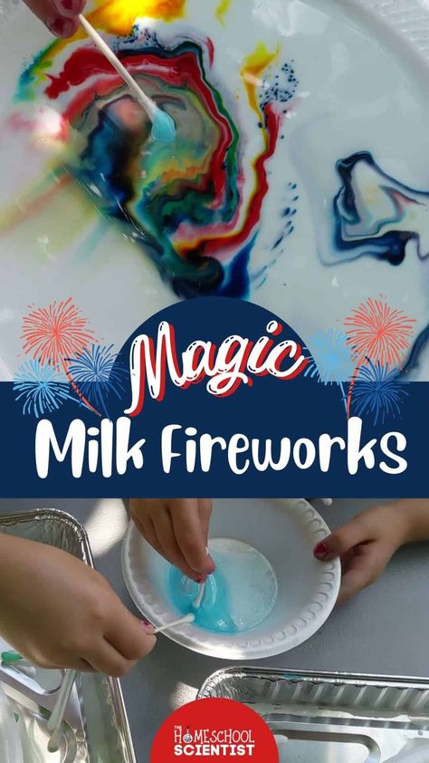 Milk fireworks is a fun mix of science and art! Using milk, food coloring, and dish soap, kids will "ohhh" and "ahh". Also is a chemistry lesson for older kids. Preschool and up will love mixing and creating fun color combos and watching them explode. Makes a great chemistry lesson for older students. Fireworks Eyfs, Milk Fireworks, Fireworks Quotes, Bonfire Night Crafts, Firework Gender Reveal, How To Draw Fireworks, Magic Milk, Diwali Fireworks, Pink Fireworks