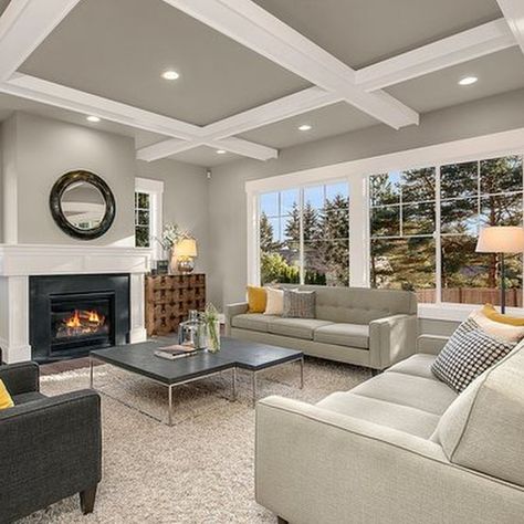 Craftsman Living Room Ideas, Colonnade Gray, Craftsman Style Living Room, Grey Paint Living Room, Craftsman Living Rooms, Craftsman Living Room, Stone Mantel, Craftsman Cottage, Craftsman Style Home