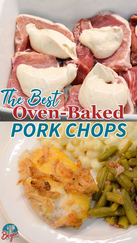 Easy and flavorful oven baked boneless pork chops topped with creamy ranch, melty Colby Jack cheese, and crispy French fried onions. Perfect for a quick weeknight dinner! Save this recipe for a comforting and delicious meal everyone will love! #PorkChops #CrispyOnions #WeeknightMeal #BakedRecipes Baked Iowa Chops, Recipes For Thick Pork Chops, Iowa Chops Recipe Oven, Thick Pork Chop Recipes Oven, Thick Pork Chop Recipes Baked, Baked Thick Pork Chops In Oven, Iowa Pork Chop Recipes, Cooking Thick Pork Chops, Thick Cut Pork Chops In Oven