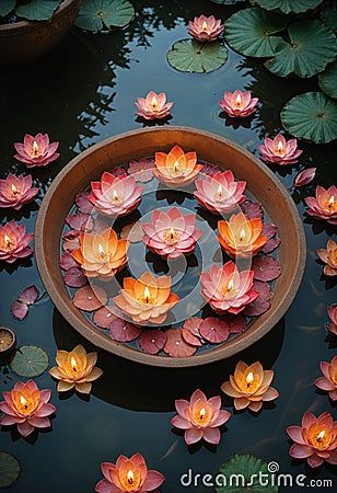 ai-generated-bowl-filled-lotus-flowers-diwali-diya-candles-floating-water Pot With Flowers, Flowers In Water, Diwali Photography, Flowers And Candles, Floating Water, Diwali Diya, Lotus Flowers, Floating In Water, Water Bowl