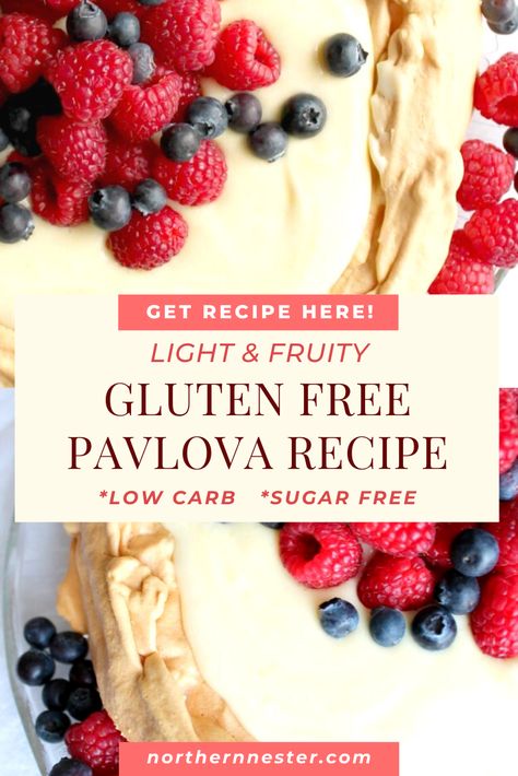 Gluten Free Pavlova, Gluten Free Pavlova Recipe, Sugar Free Pavlova Recipe, Use Up Eggs, Pavlova With Lemon Curd, Sugar Free Gluten Free Dessert, Sugar Free Desserts Healthy, Sugar Free Desserts Easy, Gluten Free Recipes For Kids