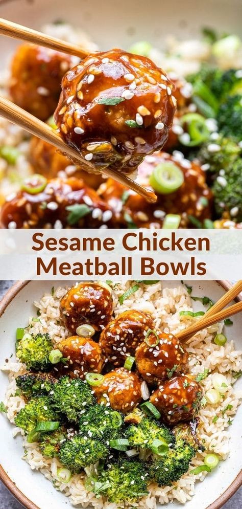 Sesame Turkey Meatballs, Healthy Dinner Recipe For One, Meatball And Broccoli Recipe, What To Serve Meatballs With, Easy And Healthy Weeknight Dinners, Balanced Weeknight Dinner, Chicken Meatball Rice Bowl, Chicken Meatball And Rice, Chicken Meatball Sauce Recipe