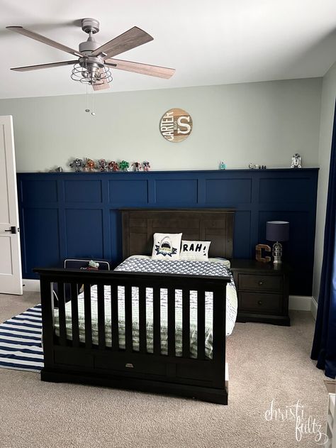 Navy Board And Batten Wall, Ascent Wall, Boy Room Accent Wall, Kids Accent Wall, Farmhouse Accent Wall, Board And Batten Accent Wall, Batten Accent Wall, Display Ledge, Diy Board And Batten