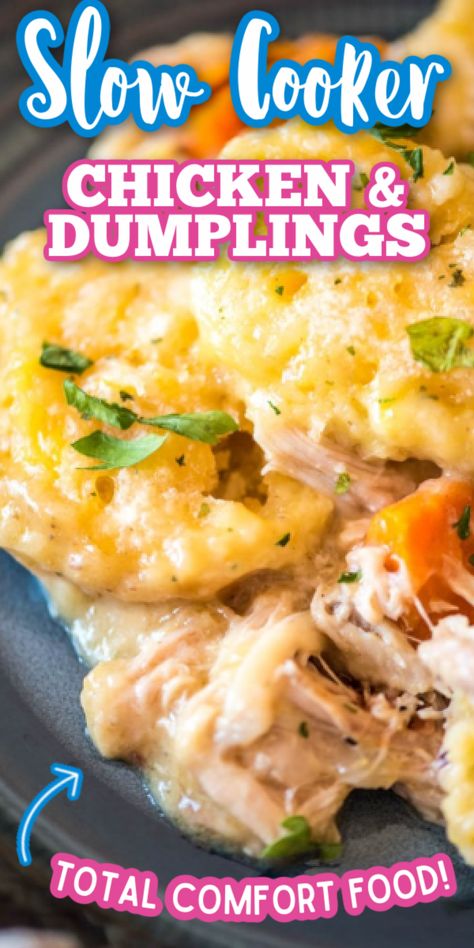 These Slow Cooker Chicken and Dumplings have a special, not-so-secret ingredient for the dumplings- Red Lobster Cheddar Bay Biscuits! #gogogogourmet #slowcookerchickenanddumplings #chickenanddumplings #comfortfood via @gogogogourmet Slow Cooker Chicken And Dumplings With Bisquick, Red Lobster Cheddar Bay Biscuits Dumplings, Cheddar Bay Biscuit Chicken Dumplings, Chicken And Dumpling Casserole With Red Lobster Biscuits, Red Lobster Chicken And Dumplings, Crockpot Chicken And Dumplings Cheddar Bay Biscuits, Chicken And Dumplings Red Lobster, Cheddar Bay Biscuit Chicken And Dumplings, Crockpot Chicken Pot Pie With Red Lobster Biscuits