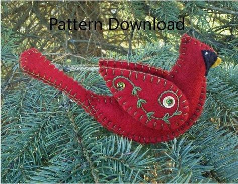 This ornament pattern is an original Patricia Welch design and is for a Christmas cardinal. I can imagine a whole tree of these beautiful birds all embroidered. You can purchase the PDF pattern via Patricia’s store on Etsy. #ornaments #diyornaments #pdfpattern #ornamentpattern #cardinal #cardinalornament #christmastreeornament #embroidery #craftgossip Felt Cardinal Ornament, Felt Cardinal, Felt Birds Ornaments, Cardinal Christmas, Cardinal Ornaments, Northern Cardinal, Felt Christmas Decorations, Felt Ornament, Felt Embroidery