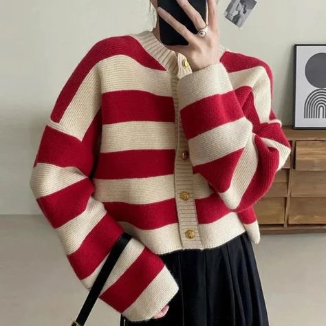 Just found this amazing item on AliExpress. Check it out! $12.27  2％ Off | Striped Knitted Cardigans Women 2023 Autumn Winter Button Up Loose Cardigan Sweaters Woman Korean Style Long Sleeve Knitwear Crop Pullover, Loose Hair, Pullover Mode, Loose Cardigan, Áo Len Cardigan, Girls Stripes, Moda Plus, Cardigan Sweaters For Women, Striped Cardigan