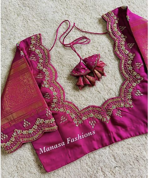 Murtham Blouse Design, Embroiding Work Blouse Designs, Blouse Ideas For Pattu Sarees, Blouse Back Designs For Pattu Sarees, Muggum Work Blouse Designs Bridal Simple, Cutwork Blouse Designs Boat Neck, Designer Pattu Blouse Patterns, Dark Pink Blouse Aari Work Design, Embroidery Designs For Pattu Blouses