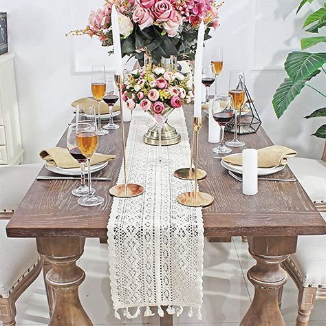 DÉCOCO 9.5" x 71" Beige Macrame Table Runner Rectangular Crochet Lace Elegant Hollow Mesh Tablecloth for Rustic Boho Wedding Decor Bridal & Baby Show : Amazon.co.uk: Home & Kitchen Cotton Wedding Decor, Crochet Lace Table Runner, Farmhouse Tabletop, Romantic Candle Light Dinner, Lace Table Runner, Boho Table Runner, Macrame Table, Lace Runner, Macrame Table Runner