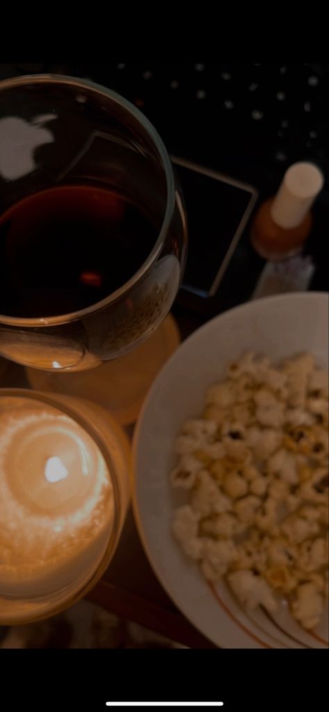 Popcorn And Wine Aesthetic, Wine And Movie Night Aesthetic, Wine Movie Night, Alfonso Coke, Wine Night Aesthetic, Popcorn Aesthetic, Christmas Popcorn, Romanticising Life, Wine Night