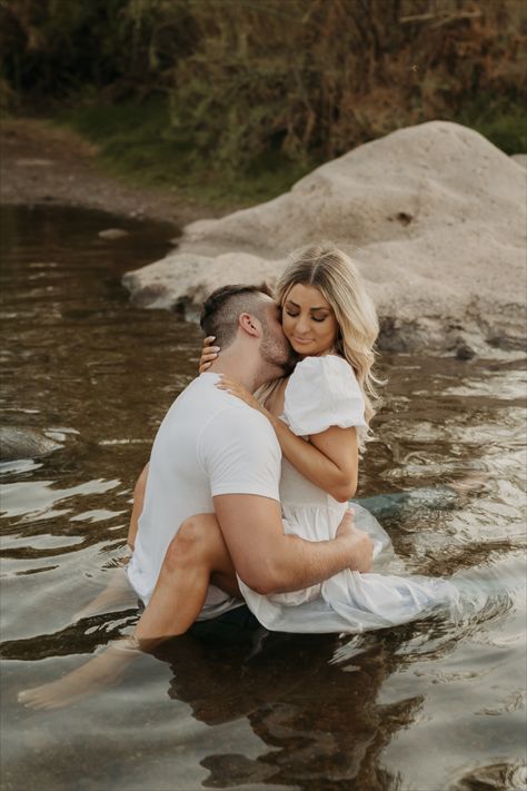 Salt River Mesa Arizona Creative Couples Session Water Lake River River Engagement Photoshoot, Romantic Lake Photoshoot, River Couple Pictures, Engagement Photos In Water Rivers, Couple In Water Photoshoot, River Family Photos, Couples Photoshoot Water, Couple River Photoshoot, Engagement Photos By Water