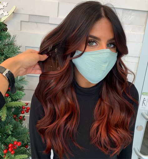 Red balayage, red hair color Red Autumn Hair Color, From Dark Brown To Red Hair, Brown And Cinnamon Hair Color, Red For Dark Hair, Red In Brown Hair Highlights, Red Hair Color With Brown Hair, Ruby Balayage Hair, Dimensional Red Balayage, Red Hair From Brown