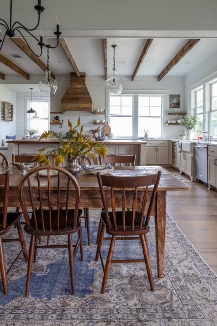 Kitchen With Shiplap, Rustic Farmhouse Style Kitchen, Moore House, Farmhouse Kitchen Lighting, Classic Farmhouse, Farmhouse Kitchen Design, Farmhouse Interior, Farmhouse Style Kitchen, Wood Beams