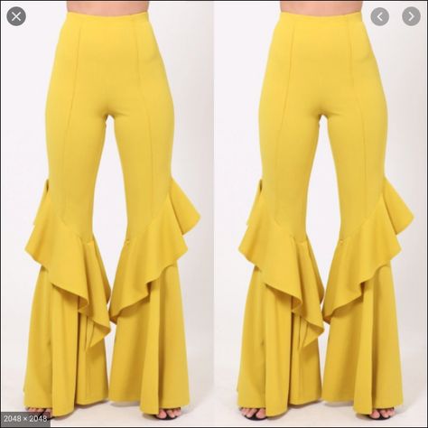 Yellow Bell Bottoms, Unique Dress Design, Long Dresses Elegant, Dresses Aesthetic, Ruffle Pants, Black Short Dress, Dresses Xxl, Black High Waist, Bell Bottom Pants