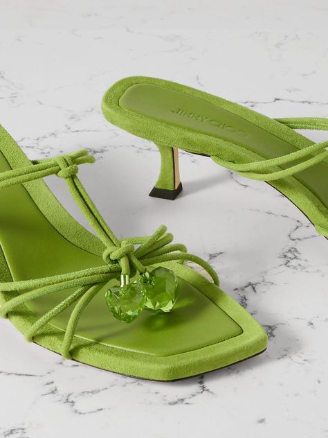 Find JIMMY CHOO Jemma 50 Crystal-embellished Suede Mules on Editorialist. Jimmy Choo's 'Jemma' mules come in bright 'Matcha' green, adding a playful pop of color to your outfits, whether that be jeans or an elegant midi dress. They're made with slim knotted suede straps, tipped with heart-shaped gems, and rest on comfortable flared kitten heels. Elegant Midi Dress, Crystal Heels, Elegant Midi Dresses, Crystal Shoes, Suede Mules, Matcha Green, Leather Mules, Mule Clogs, Mules Shoes