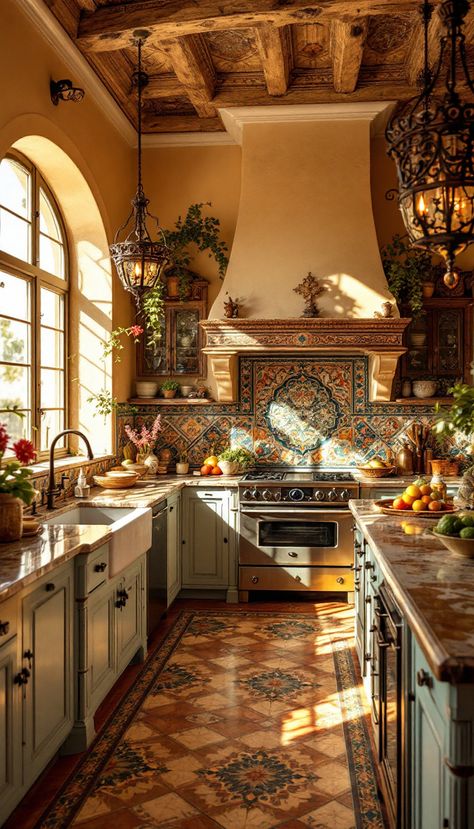 Dive into the vibrant world of Mexican elegance with a kitchen that blends traditional charm with modern functionality. This stunning space features exquisite Talavera tiles as its focal point, creating an artistic masterpiece that enchants with every glance. Bask in the warmth of golden hour lighting as it dances through picture windows, casting rich hues and intricate shadows thanks to elegant wrought-iron chandeliers. A dreamy inspiration for creating your own kitchen oasis. Spanish Galley Kitchen, Modern Hacienda Style Homes Kitchen, Italian Aesthetic Kitchen, Mexican Talavera Tile Kitchen, Vintage Mexican House, Mexican Modernism Kitchen, Mexican House Ideas, Kitchen Ideas Mexican Style, Mexican Style House Decor