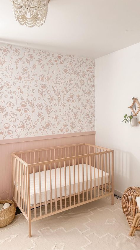 Cute Girl Nursery Ideas, Half Wall Board And Batten Nursery, Pink Shiplap Wall Nursery, Board And Batten Wall Kids Room, Crib Wall Ideas, Waynes Coating Nursery Ideas, Half Wallpaper Half Paneling Nursery, Half Wall Paneling Nursery, Nursery Wainscoting Girl