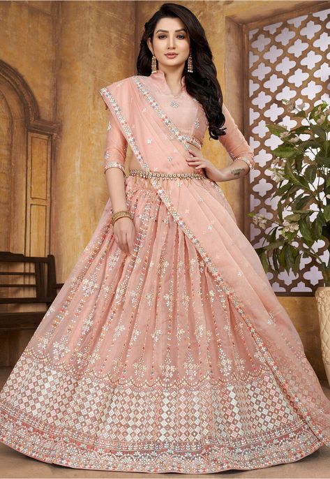 Pink Organza Lehenga, Pastel Pink Lehenga, Faux Mirror, Peach Lehenga, Indian Wedding Lehenga, Organza Lehenga, Reception Lehenga, Net Lehenga, Lehenga Choli Online