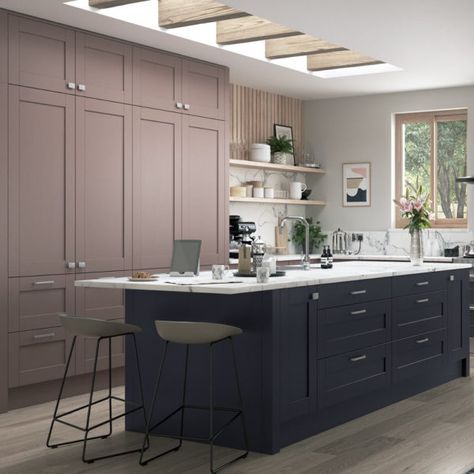 Colourful Kitchen, Shaker Style Kitchens, Timeless Kitchen, Kitchen Colour Schemes, Big Kitchen, Shaker Kitchen, Pink Kitchen, Kitchen Units, Blue Kitchens