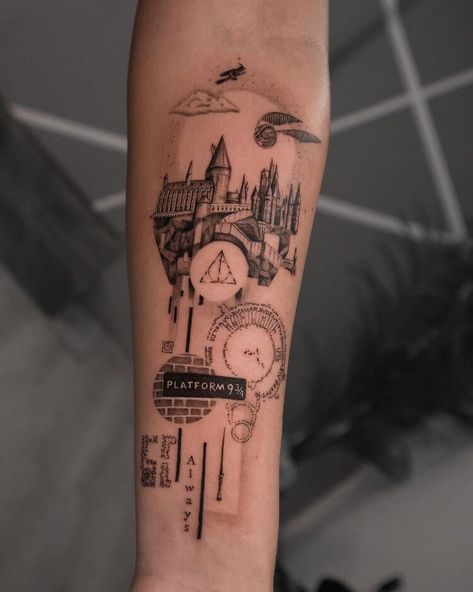 Harry Potter tattoo Harry Potter Hogwarts Tattoo, Harry Potter Tattoo Ideas Unique, Hogwarts Tattoo Ideas, Tatuajes Harry Potter, Harry Potter Tattoos Unique, Harry Potter Tattoo Unique, Harry Potter Tattoo Sleeve, Tattoo Harry Potter, Hogwarts Tattoo