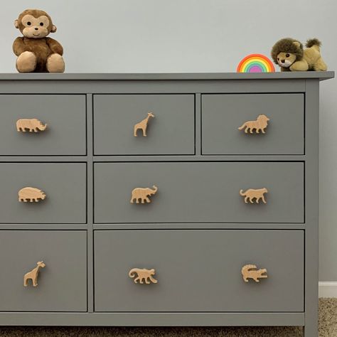 Safari Nursery Accent Wall, Minimal Safari Nursery, Animal Drawer Knobs, Sage And Tan Nursery, Lion Wall Painting, Jungle Animal Nursery Theme, Jungle Safari Nursery Ideas, Simple Jungle Nursery, Boy Nursery Animal Theme