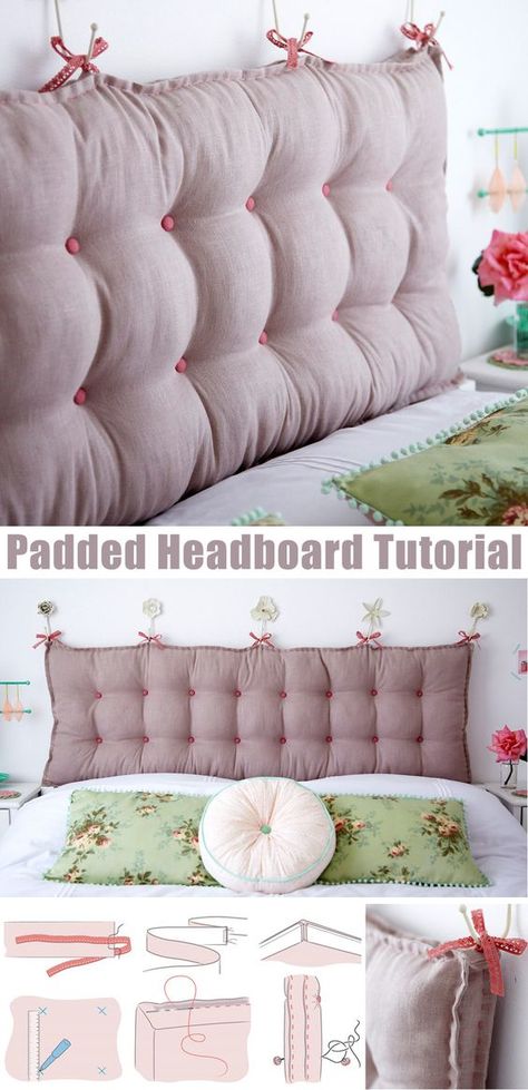 Made from Linen and decorated with covered buttons, used for the button-tufting, the simple headboard rests on the bedstead or mattress, while the ties at the top, looped over hooks on the wall, prevent it from tipping forward. And not only is it very pretty, but is supremely comfortable to lean against when reading in bed. Pillow Headboard Diy, Make A Padded Headboard, Bed Headboard Ideas, Headboard Alternative, Quilted Headboard, Diy Bed Headboard, Headboard Tutorial, Simple Headboard, Pillow Headboard