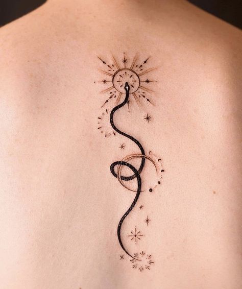 Horizontal Arm Tattoos For Women, Sun Moon Snake Tattoo, Star Snake Tattoo, Snake Uterus Tattoo, Witch Tattoo Ideas Goddesses, Space Snake Tattoo, Feminine Snake Tattoo Arm, Lilith Moon Tattoo, Snake Tatoos Woman