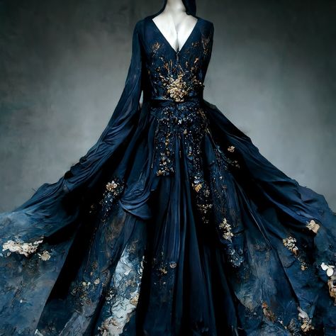 Twilight blue gown and gold accents like stars. Anna Fantasy Gown, Blue And Gold Dress Aesthetic, Navy Fantasy Dress, Dark Masquerade Dress, Fantasy Masquerade Dress, Sarah Fantasy Dress, Jewel Tone Ball Gown, Dark Blue And White Wedding Dress, Dark Fantasy Ballgown