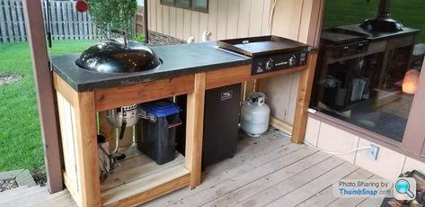 Blackstone Diy Table, Outdoor Grill And Griddle Station, Outdoor Weber Grill Station, Weber Table Diy, Outdoor Flat Top Grill Station, Blackstone Surround Table Diy, Double Weber Kettle Grill Table, Diy Outdoor Kitchen Blackstone, Blackstone Grill Table Diy