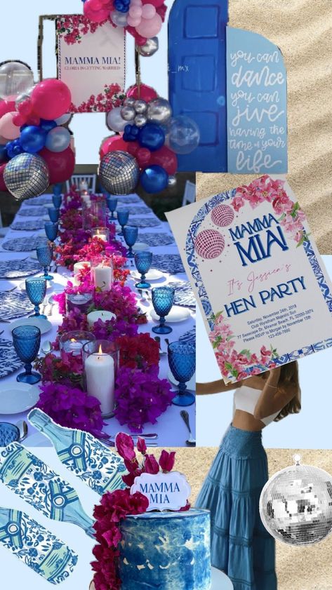 50th Birthday Guest Outfit, Mamma Mia Party Desserts, Mamma Mia Inspired Birthday, Mama Mia Prom Theme, Mama Mia Cocktail, Mamma Mia Table Setting, Mamamia Theme Party, Mama Mia Prom, Mama Mia Sweet 16