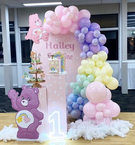 Care Bears Birthday Theme, Care Bear Birthday Decorations, Care Bear Centerpieces Birthday Parties, Care Bear Baby Shower Theme Girl, Care Bear Balloon Garland, Care Bears Theme Party First Birthdays, Carebear First Birthday Party, Care Bare Birthday Party Ideas, Carebear Themed Birthday Party