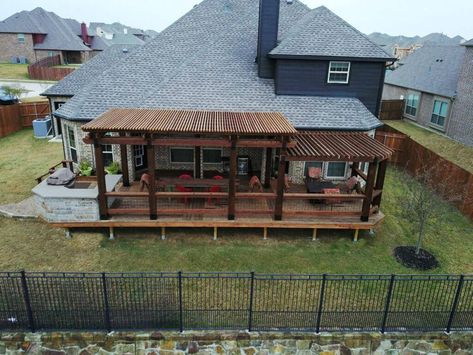 Adding pergola to existing deck Adding Pergola To Existing Deck, Deck With Pergola Attached To House, Tiered Pergola, Fireplace Plans, Pergola Deck, Wraparound Deck, Freestanding Deck, Deck Pictures, Beautiful Outdoor Living Spaces