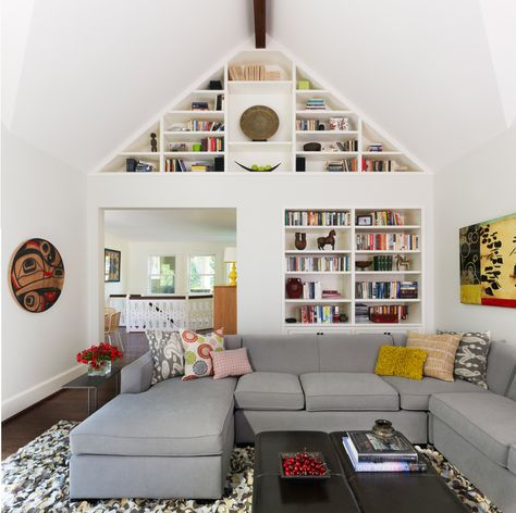 Soaring Family Room with built-in shelving Bedroom Extension, Cathedral Ceiling Living Room, Cottage Library, Transitional Family Room, Vaulted Ceiling Kitchen, Floor To Ceiling Bookshelves, Vaulted Ceiling Living Room, Family Room Addition, Fireplace Bookshelves