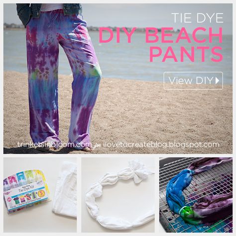 Tie Dye Beach Pants DIY by Trinkets in Bloom Tie Dye Pants Diy, Tye Dye Pants, Shirt Reconstruction, Diy Boho Clothes, T Shirt Reconstruction, Pants Diy, Tye And Dye, Dye Pants, Tie Dye Kit