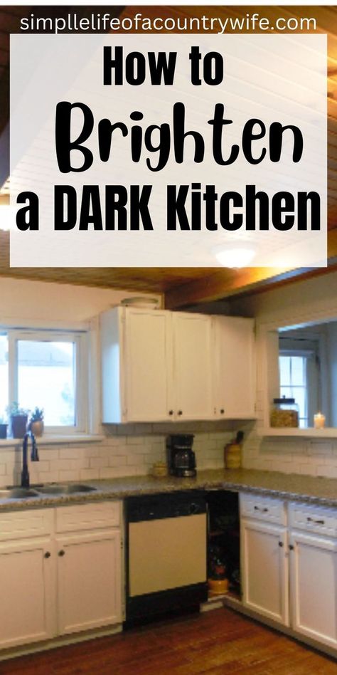 Brighten a dark kitchen Dark Kitchen Brighten Up, Dark Kitchen Cabinets With Light Dining Table, Kitchen Paint Colors Dark Countertops, Brighter Kitchen Ideas, Bright Lights For Kitchen, How To Make Dark Cabinets Look Lighter, Brighten Kitchen Ideas, Dark Kitchen To Light, Lighting For Dark Kitchen