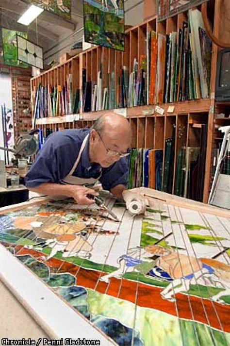 Aanraku, stained glass studio in San Mateo. Profiled is "Grandpa,'' Yoshinori Yakao a 79-year-old Japanese cook and swordsman,who started taking classes three years ago and now has a national reputation. CHRONICLE PHOTO BY PENNI GLADSTONE Photo: Penni Gladstone Art Storage Ideas, Stained Glass Workshop, Woodland Cemetery, Glass Shelves In Bathroom, Glass Shelves Decor, Glass Shelves Kitchen, Stained Glass Studio, Artist Studios, Glass Menagerie