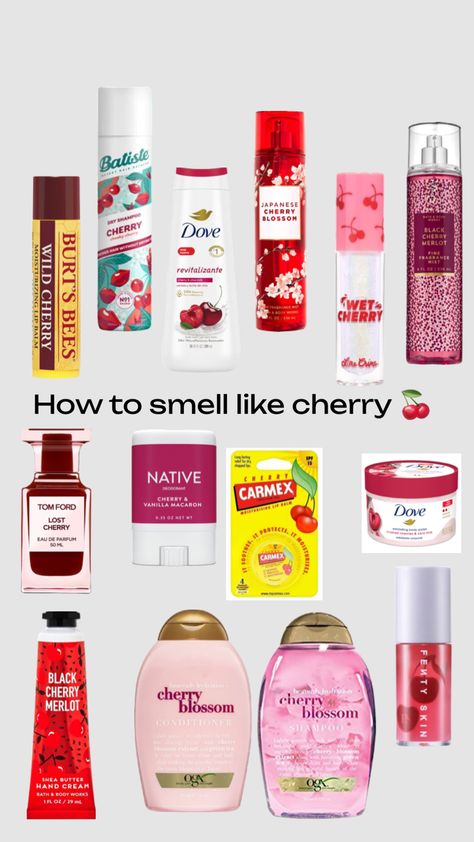 How to smell like cherry 🍒 🫶🏼🫶🏼 #beauty #fyp #fypshuffle #cherry #preppy #dove #tomford #like #life #lifestyle #likemyshuffle #pleaselikethis Different Scents To Smell Like, Things To Smell Like, Smell Like Cherries, How To Smell Like Cherry Vanilla, Cherry Scent Combo, Cherry Makeup Products, Cherry Smell Products, How To Smell Like Cherry Blossom, Cherry Body Care