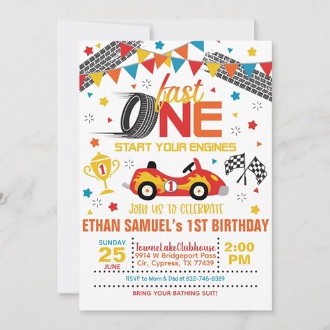 Create your own Invitation | Zazzle Racing First Birthday, First Birthday Party Invitations, First Birthday Theme Boy, 1st Birthday Boy Themes, Baby First Birthday Themes, Car Birthday Party, Boys First Birthday Party Ideas, Boys 1st Birthday Party Ideas, Car Birthday Theme