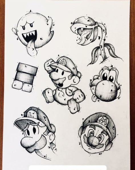 Super Mario Tattoo, Nintendo Tattoo, Mario Tattoo, Gamer Tattoos, Doodle Tattoo, Sketch Tattoo Design, Gaming Tattoo, Tattoo Stencil Outline, Tattoo Style Drawings