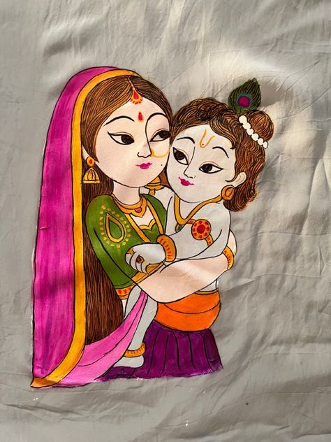 Krishna Fabric Painting On Blouse, Yashoda Krishna Painting On Canvas, Mural Painting In Dress, Krishna Painting On Fabric, Fabric Painting On Clothes Blouse, Fabric Painting Blouse Designs, Krishna Fabric Painting, Bandhani Blouse, Phad Painting