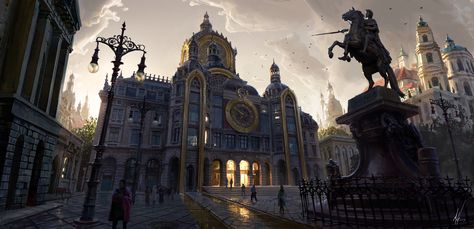 ArtStation - ''Europa Town Hall', Michal Kus Steampunk City, Steampunk Artwork, Fantasy Town, Fantasy City, Fantasy Concept Art, Environment Design, Fantasy Inspiration, Environment Concept Art, Dieselpunk