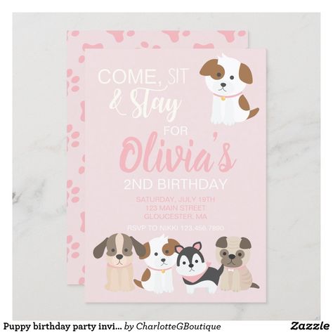 Puppy birthday party invitation Pink Pawty Dog Party Girl, Puppy Birthday Party Theme, Puppy Birthday Party Invitations, Puppy Birthday Invitations, Puppy Invitations, Puppy Birthday Party, Puppy Pawty, Dog Birthday Invitations, Dog Themed Birthday Party