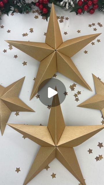 Hey, I’m Judy 👋🏻 Paper Flower Art + Tutorials on Instagram: "⭐️✨ Happy Thanksgiving, everyone! ✨⭐️ Let’s carry the gratitude we hold on this day throughout the season and deeply into our lives. Here are some paper stars made with the same premium, heavyweight, gold, linen-like wrapping paper like from the round honeycomb ornaments before. All you need for these stars is to cut out squares and fold! You can use craft glue, but I find that with wrapping paper, the print side tends to be slick and so hot glue works better to hold. These whip up quick and you can easily add ribbon to the back and hang these on your trees as ornaments! You don’t need a lot to make your Christmas decor special and beautiful! #paperart #cricut #cricutmade #cricutcrafts #cricutchristmas #cricutproject #cricutc Folded Paper Stars, Happy Thanksgiving Everyone, Gold Wrapping Paper, Paper Folding Crafts, Paper Flower Art, Diy Craft Ideas, Paper Tree, Gold Diy, Paper Art Craft